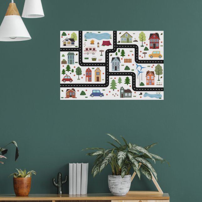 Póster Juego de mapas para niños con carreteras, coches y (Salón 1)