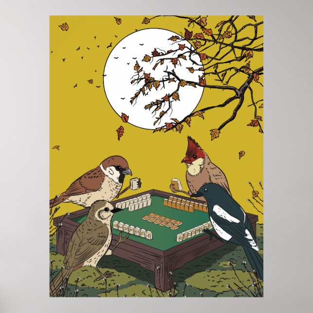 Póster Juego de pájaros jugando Mahjong  (Frente)