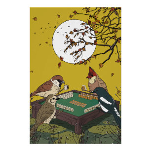 Póster Juego de pájaros jugando Mahjong 