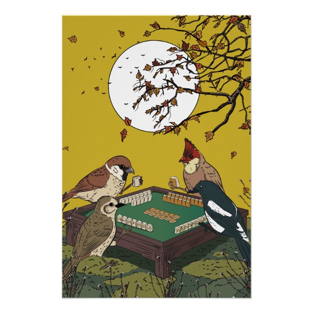Póster Juego de pájaros jugando Mahjong  (Anverso)