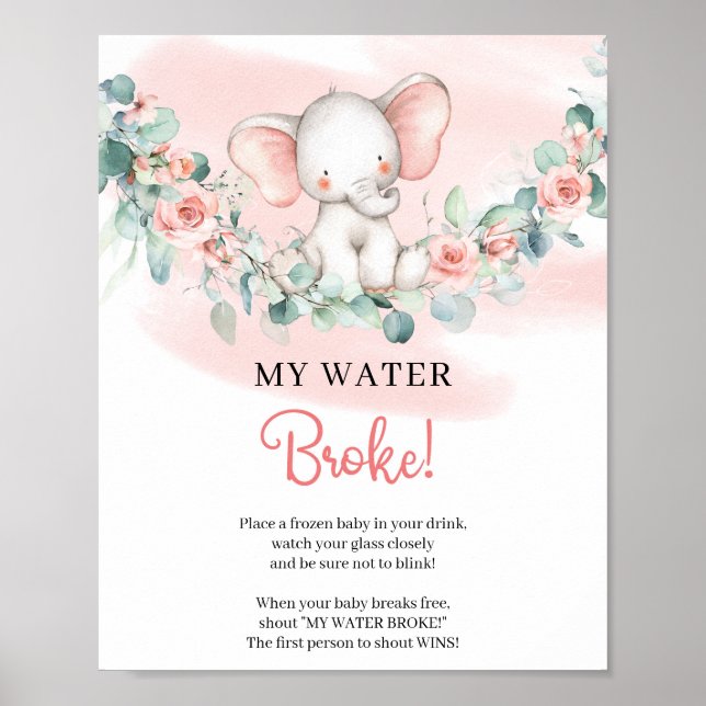 Póster juego de señas Baby Girl Elephant My Water Broke (Frente)