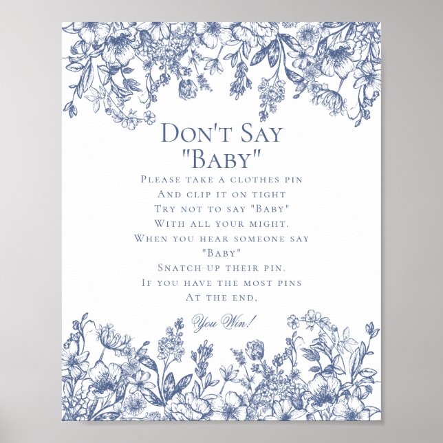 Póster Juego de shower de bebé 'Blue Chinoiserie Dont Say (Frente)