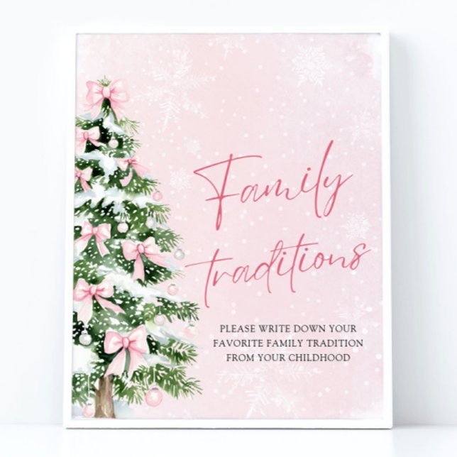 Póster Juego de tradiciones de la familia de los arboles  (Pink Bows Christmas Tree Family Traditions Game Sign)