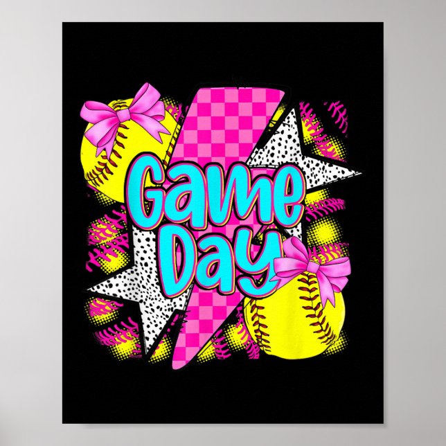 Póster Juego Día Softball Iluminación Coquette Bow Funny  (Frente)