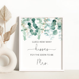 Póster Juego para baby shower de eucalipto cuántos besos