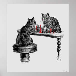 Póster Juegos de mesa Dos gatos jugando al ajedrez rojo
