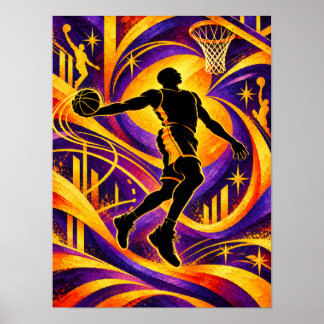 Póster Jugador de Baloncesto Disparando hacia la Silueta