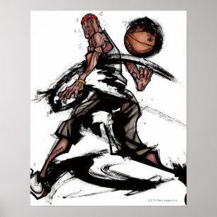 Póster Jugador de básquet que juega con baloncesto