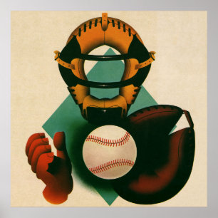 Póster Jugador de béisbol deportivo vintage, catcher con