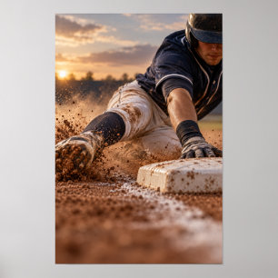 Póster Jugador de béisbol deslizándose hacia la base en l