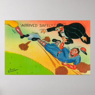 Póster Jugador de béisbol que resbala hacia la base,