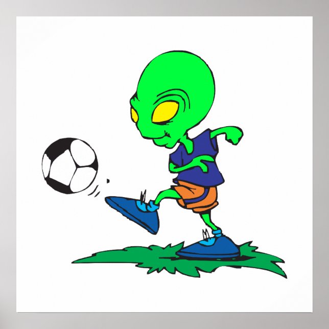 Póster jugador de fútbol extraterrestre divertido pateand (Frente)