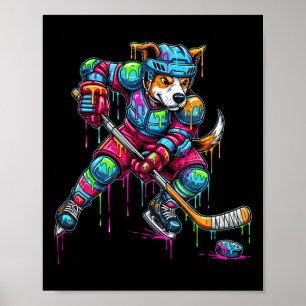 Póster Jugador de Hockey de Perro Colorido con Goteo de H