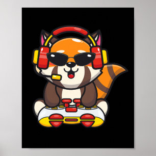 Póster Jugador de Panda Rojo Divertido Amante de Animales