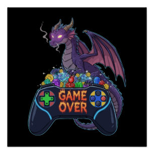 Póster Jugador de rol Dragon guardando dados en "Game Ove