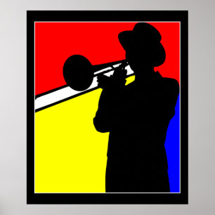 Póster Jugador de trombones de silueta, estilo mondrico a