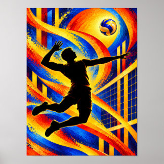 Póster Jugador de Voleibol Saltando para un Remate Siluet