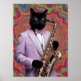 Póster Jugador saxofón de gato negro