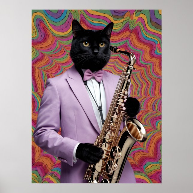 Póster Jugador saxofón de gato negro (Frente)
