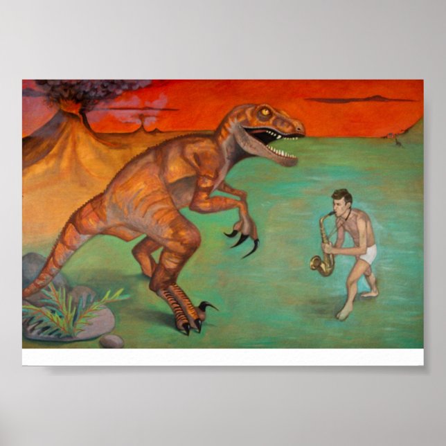 Póster Jugador saxofón "Raptor vs Sax" con dinosaurio (Frente)