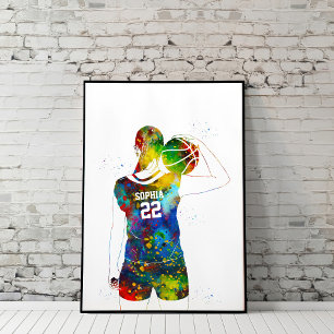 Póster Jugadora de baloncesto femenina en acuarela