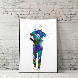 Póster Jugadora de sóftbol femenina en acuarela