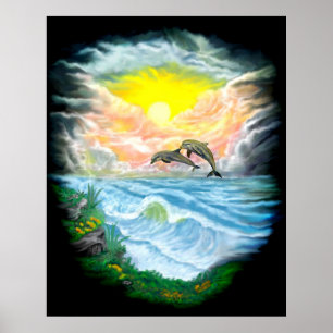 Póster Jugando a los delfines al sol