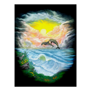 Póster Jugando a los delfines al sol