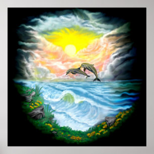 Póster Jugando a los delfines al sol