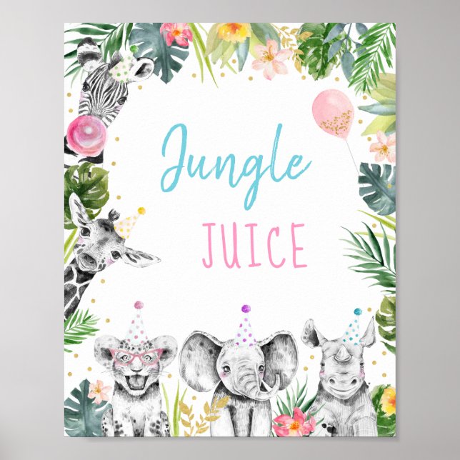 Póster Jugo de jungla Oro rosado Safari Tropical Cumpleañ (Frente)
