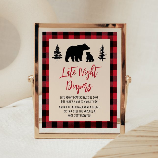 Póster Juguete de lumberjack de oso tardío (Bear Cub Plaid Lumberjack Baby Shower Late Night Diapers Sign)
