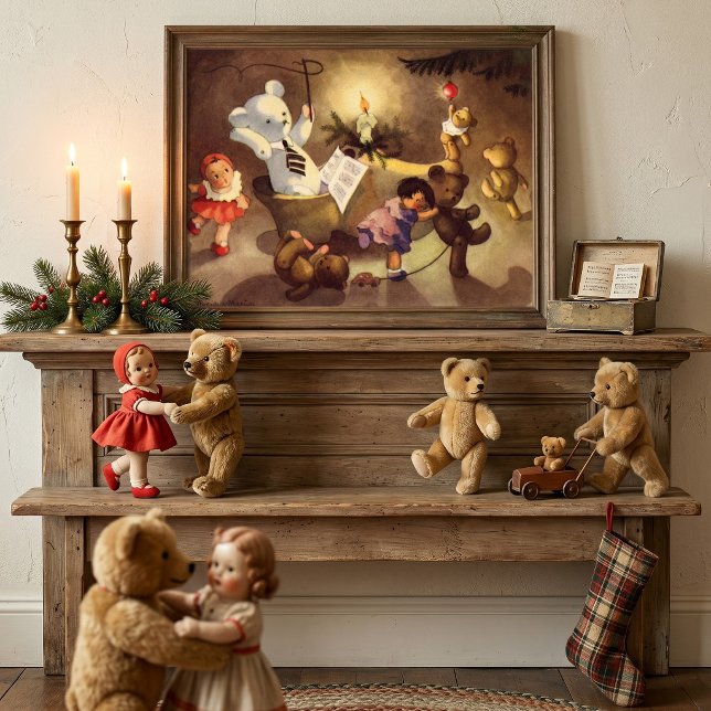 Póster Juguetes Navideños Antiguos, Muñecas Bailarinas, O (Vintage illustration Christmas design featuring toys and dolls dancing under a Christmas tree.)