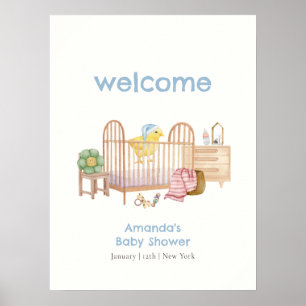 Póster Juguetes para guardería azul Bienvenida a la fiest