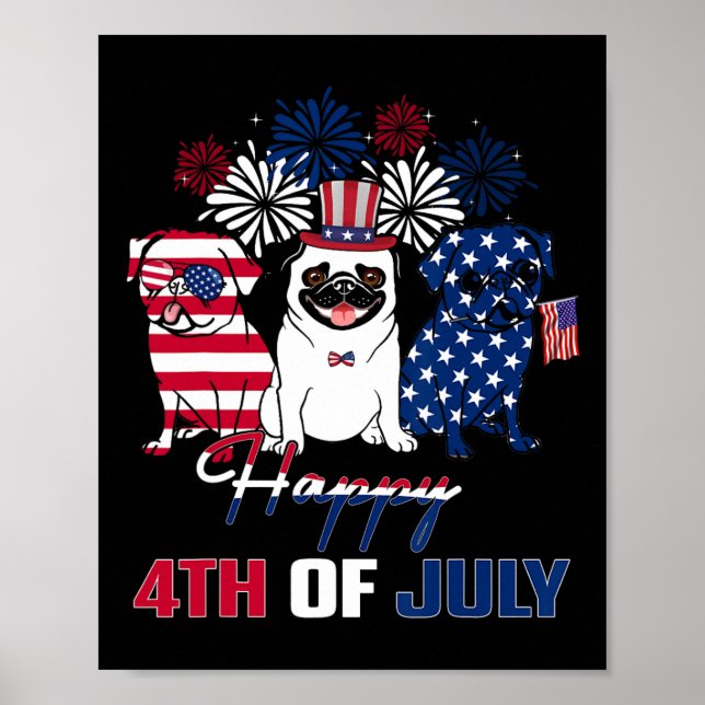Póster Jul Bandera Americana Tres Fuego Azul De Pug Blanc (Frente)