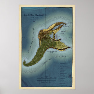 Póster Jules Verne "Mysteria Island" Lincoln Island Map