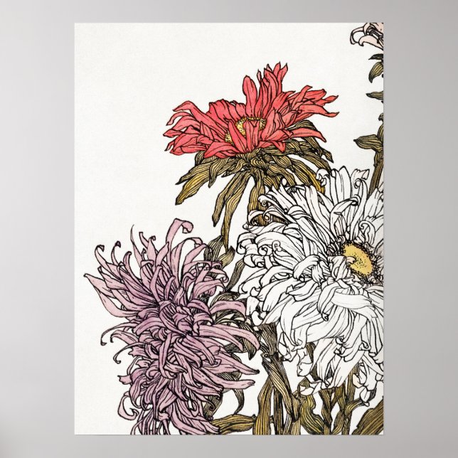 Póster Julie De Graag Chrysanthemums Art Floral Woodcut (Frente)