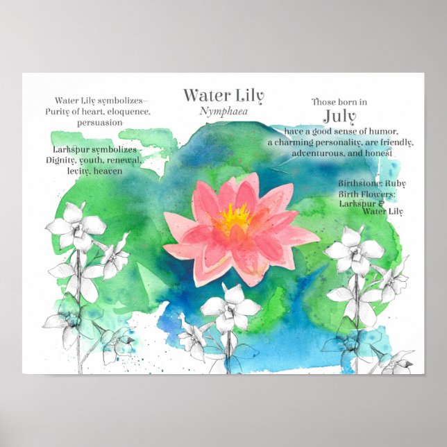 Póster Julio Cumpleaños Waterlily Larkspur Flores de esta (Frente)