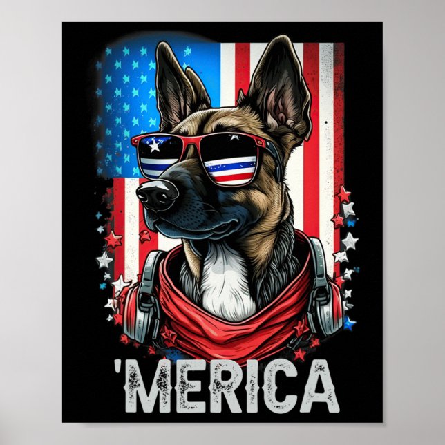 Póster Julio Patriótico Belga Malinois Dog Merica (Frente)