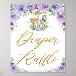 Póster Jungle Animales Rótulo Raffle Morado Floral