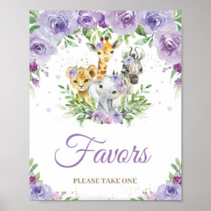 Póster Jungle Animals Purple Floral Baby Shower Favor