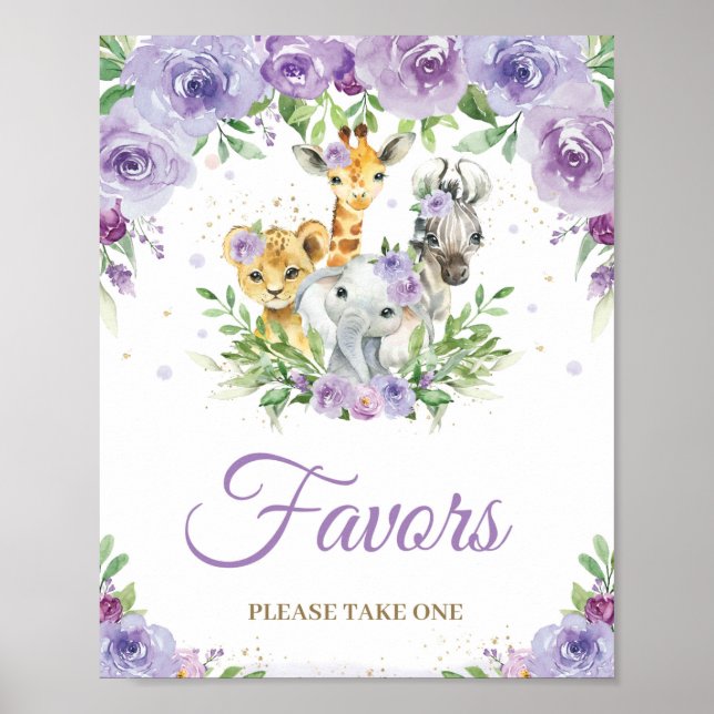Póster Jungle Animals Purple Floral Baby Shower Favor (Frente)