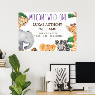 Póster Jungle Safari Animal Baby Birth Announcement