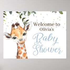 Póster Jungle Safari Giraffe Blue Bienvenida Baby Shower