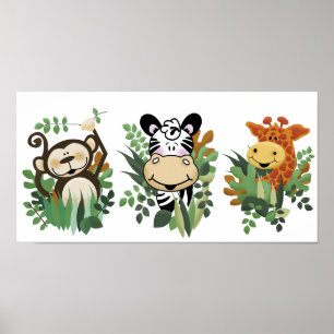 PÓSTER JUNGLE SAFARI MONKEY, ZEBRA Y GIRAFFE ART