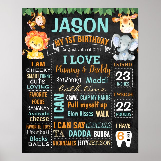 Póster Jungle Zoo Safari Animals First Birthday board (Frente)