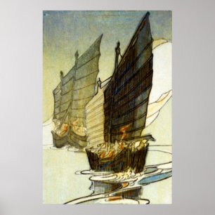 Póster Junks, Wei-hai-wei, China - Bertha Lum - 1922