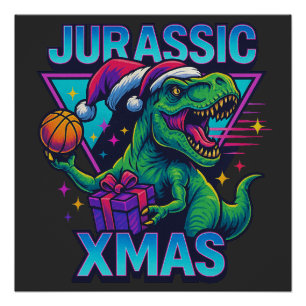 Póster Jurassic Xmas T-Rex - Retro 80s Dinosaur Neon Navi