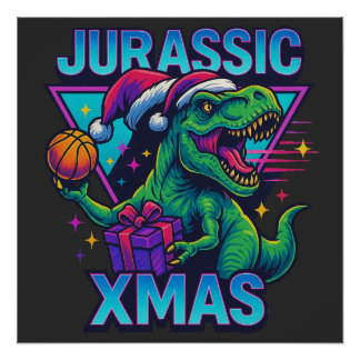 Póster Jurassic Xmas T-Rex - Retro 80s Dinosaur Neon Navi