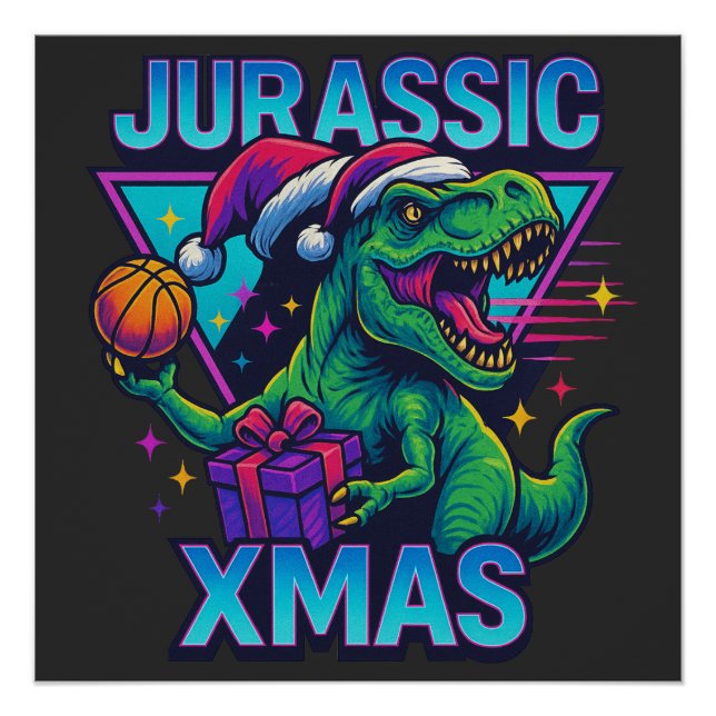 Póster Jurassic Xmas T-Rex - Retro 80s Neon Dinosaur Xmas (Anverso)