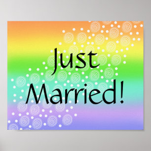 Póster Just Married! Rainbow Wedding Car Sign